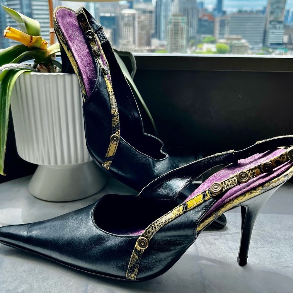 Roberto Cavalli Black and Gold Slingback Heels
